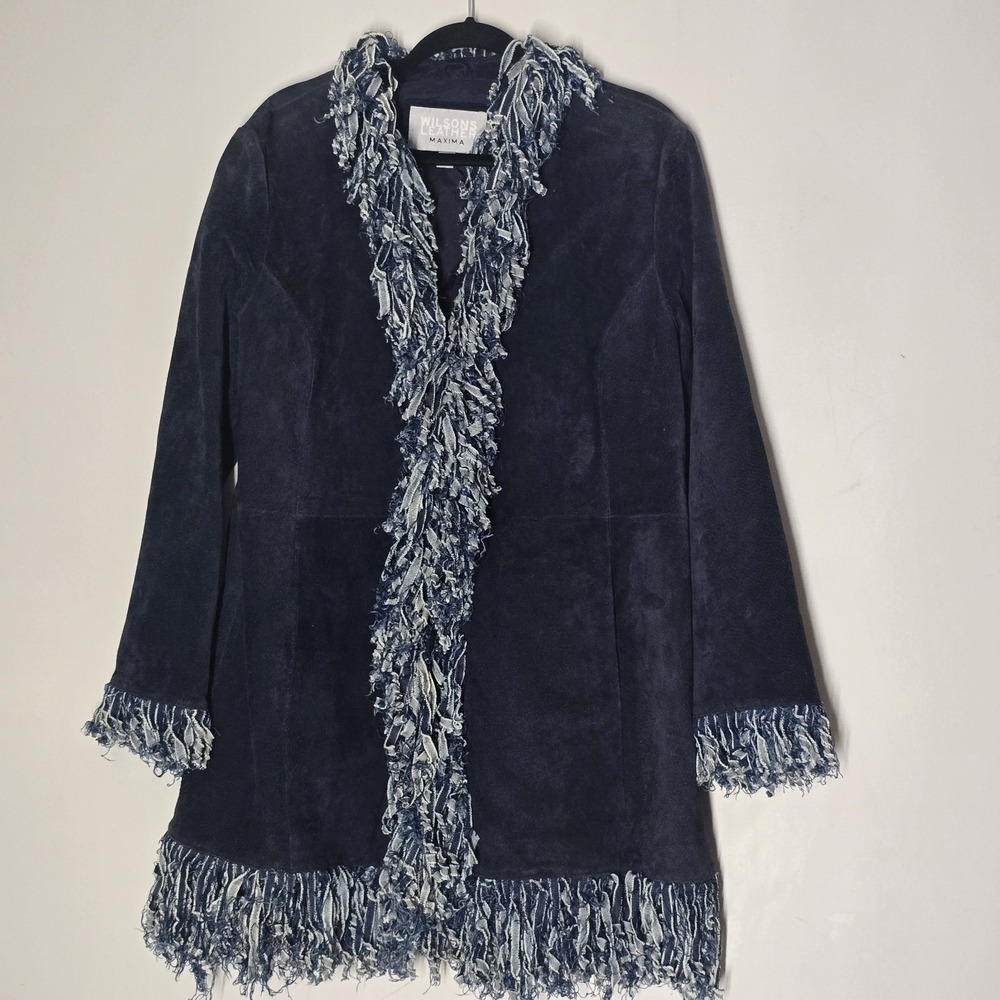 Wilsons Leather XL Suede Penny Lane Coat Fringe Y2K Boho Duster Blue